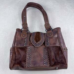Trinity Ranch Western Concealed Carry Brown cowhide Leather Studded Tote Bag